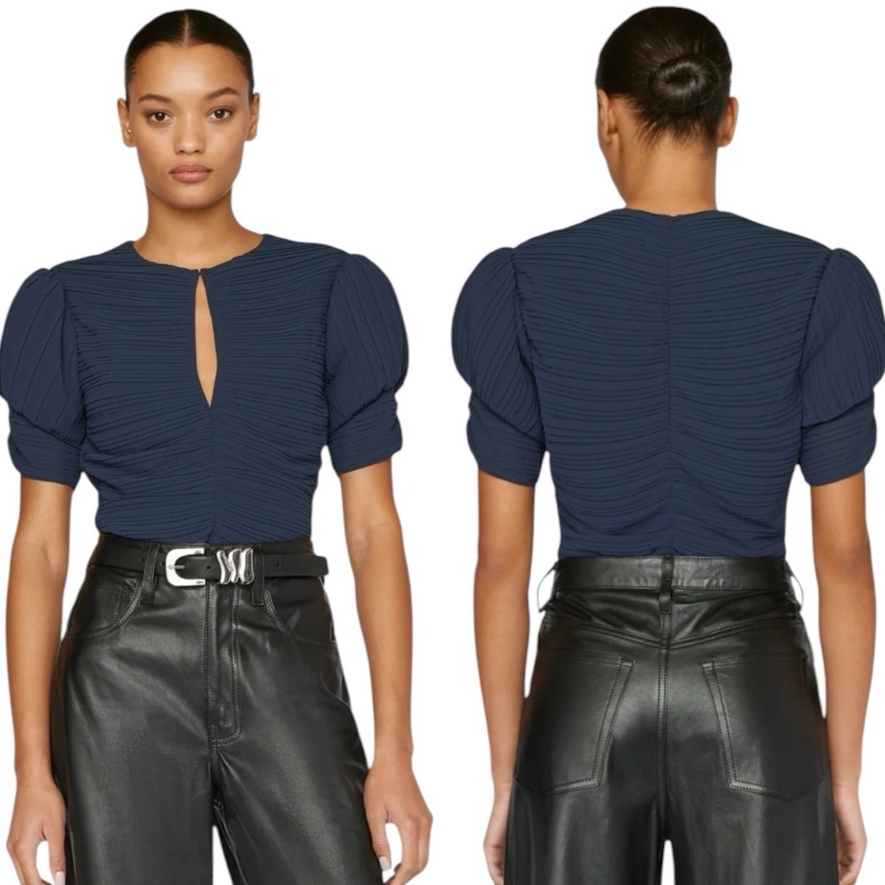 FRAME Pleated Puff Ruched Sleeve Keyhole Top Chic Minimalist Luxury Navy Chic L